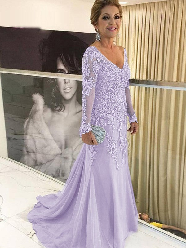 Sheath/Column Tulle Applique V-neck Long Sleeves Sweep/Brush Train Mother of the Bride Dress