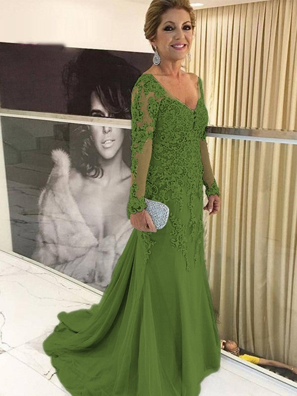 Sheath/Column Tulle Applique V-neck Long Sleeves Sweep/Brush Train Mother of the Bride Dress