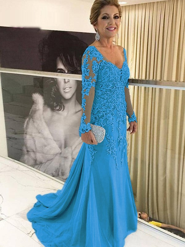Sheath/Column Tulle Applique V-neck Long Sleeves Sweep/Brush Train Mother of the Bride Dress