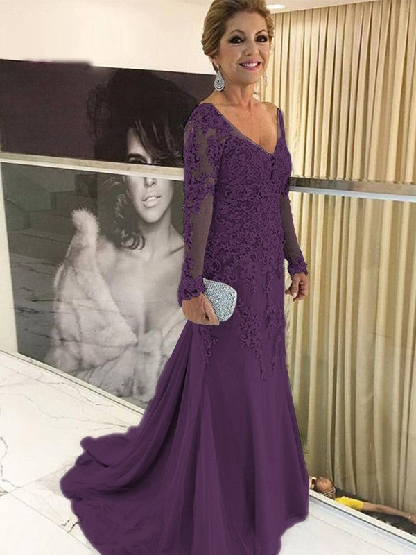 Sheath/Column Tulle Applique V-neck Long Sleeves Sweep/Brush Train Mother of the Bride Dress