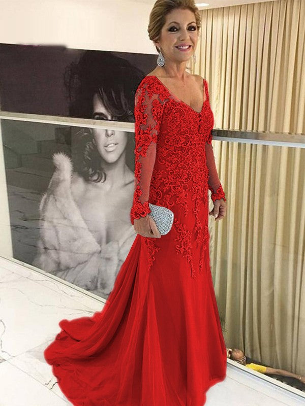 Sheath/Column Tulle Applique V-neck Long Sleeves Sweep/Brush Train Mother of the Bride Dress