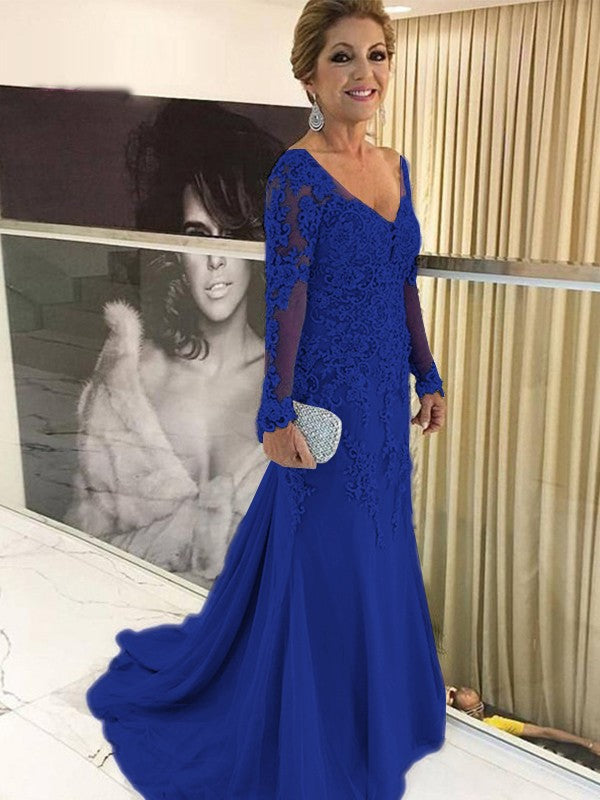 Sheath/Column Tulle Applique V-neck Long Sleeves Sweep/Brush Train Mother of the Bride Dress