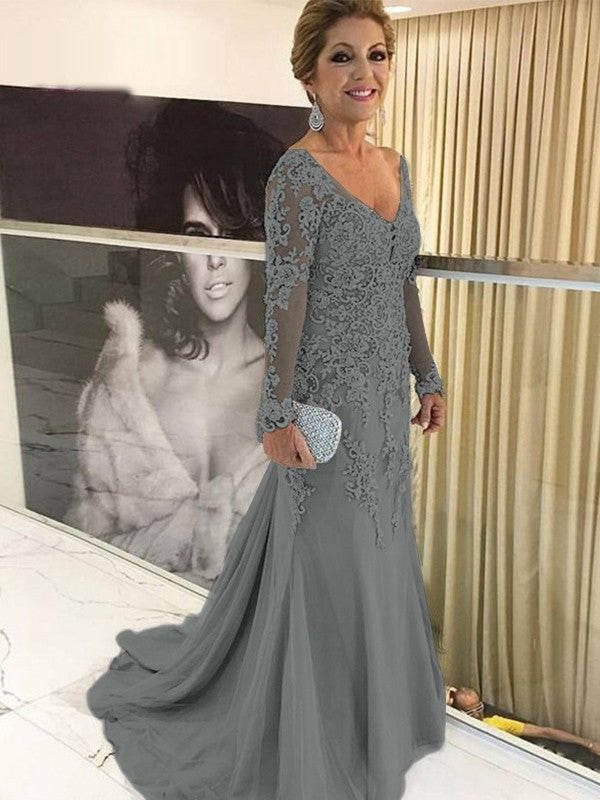 Sheath/Column Tulle Applique V-neck Long Sleeves Sweep/Brush Train Mother of the Bride Dress