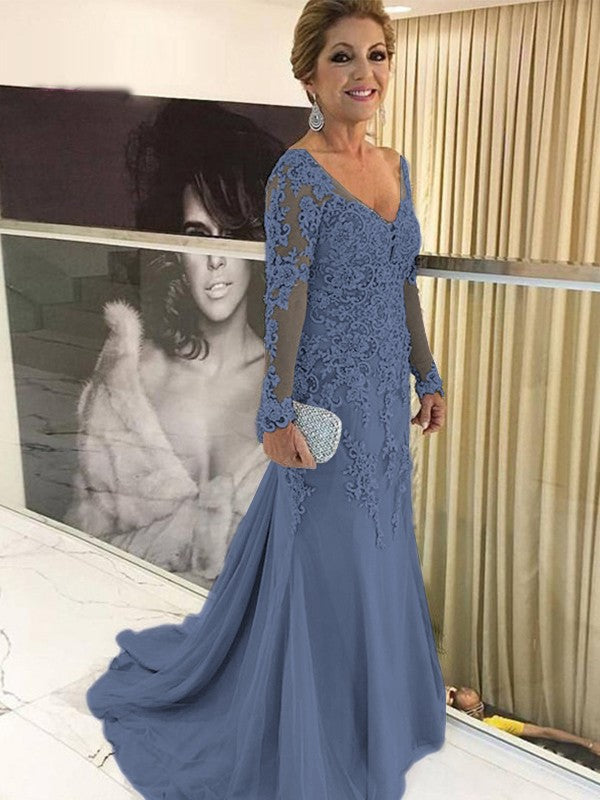 Sheath/Column Tulle Applique V-neck Long Sleeves Sweep/Brush Train Mother of the Bride Dress