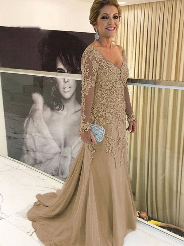 Sheath/Column Tulle Applique V-neck Long Sleeves Sweep/Brush Train Mother of the Bride Dress