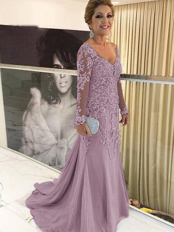 Sheath/Column Tulle Applique V-neck Long Sleeves Sweep/Brush Train Mother of the Bride Dress