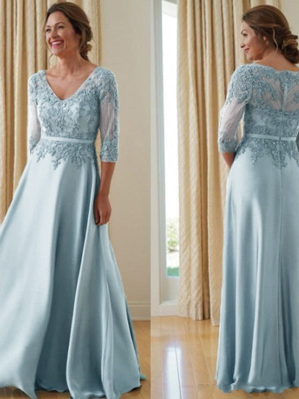 A-Line/Princess Satin Applique V-neck 3/4 Sleeves Floor-Length Mother of the Bride Dress