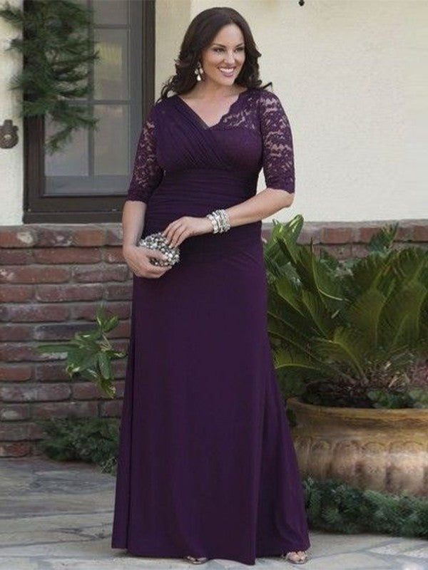 A-Line/Princess Satin Lace V-neck 1/2 Sleeves Floor-Length Mother of the Bride Dress