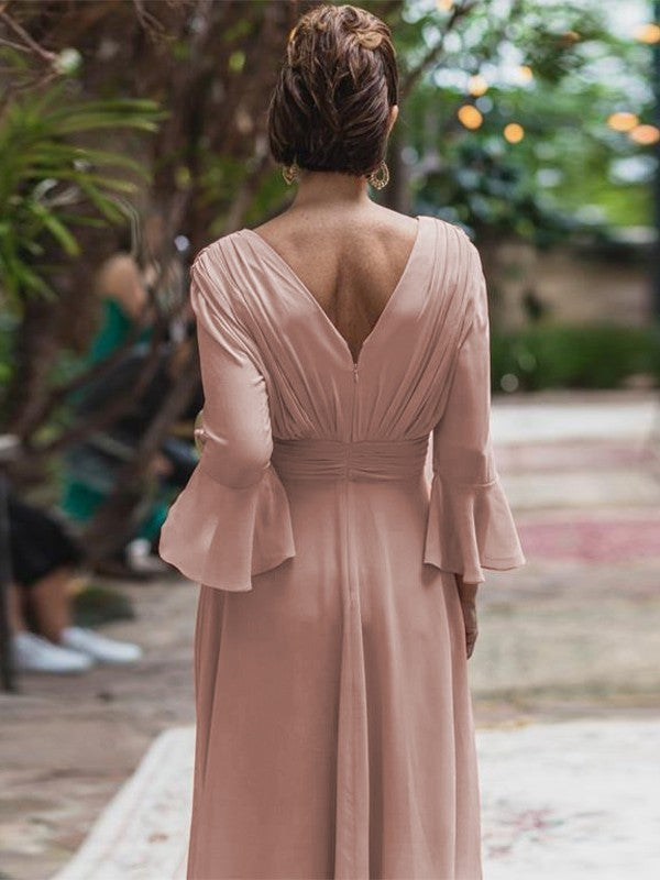 A-Line/Princess Chiffon Ruffles V-neck Long Sleeves Floor-Length Mother of the Bride Dress