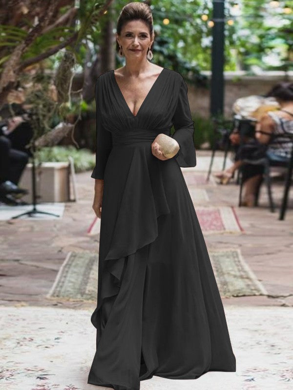 A-Line/Princess Chiffon Ruffles V-neck Long Sleeves Floor-Length Mother of the Bride Dress