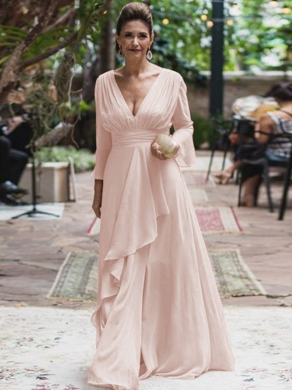 A-Line/Princess Chiffon Ruffles V-neck Long Sleeves Floor-Length Mother of the Bride Dress