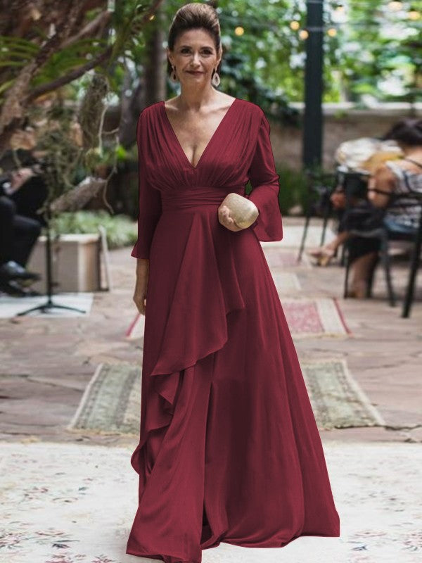 A-Line/Princess Chiffon Ruffles V-neck Long Sleeves Floor-Length Mother of the Bride Dress