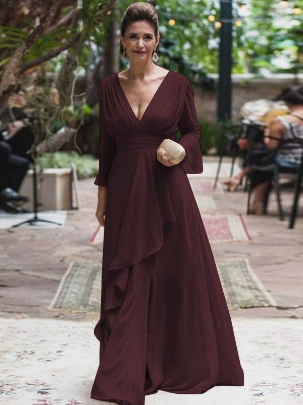 A-Line/Princess Chiffon Ruffles V-neck Long Sleeves Floor-Length Mother of the Bride Dress