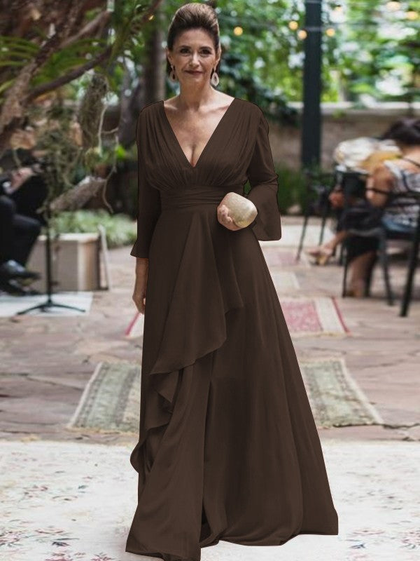 A-Line/Princess Chiffon Ruffles V-neck Long Sleeves Floor-Length Mother of the Bride Dress