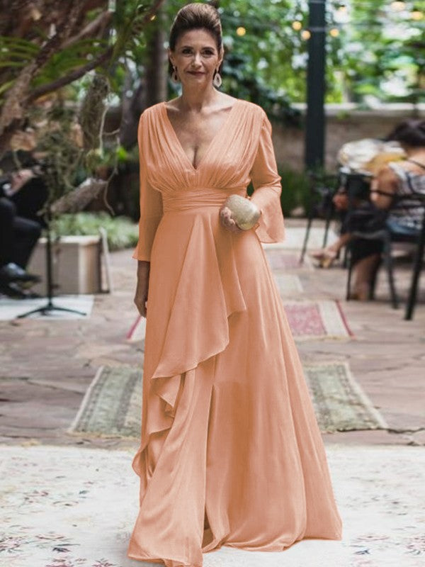 A-Line/Princess Chiffon Ruffles V-neck Long Sleeves Floor-Length Mother of the Bride Dress