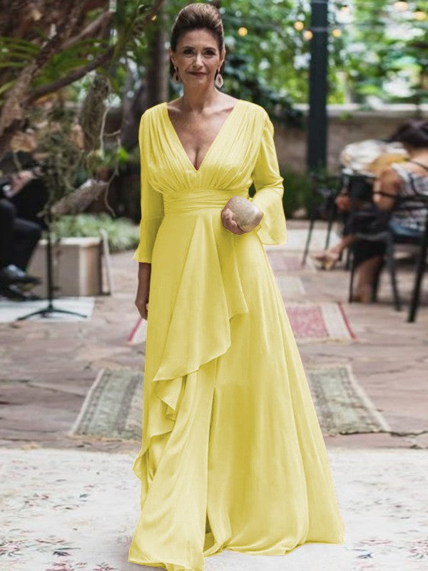 A-Line/Princess Chiffon Ruffles V-neck Long Sleeves Floor-Length Mother of the Bride Dress