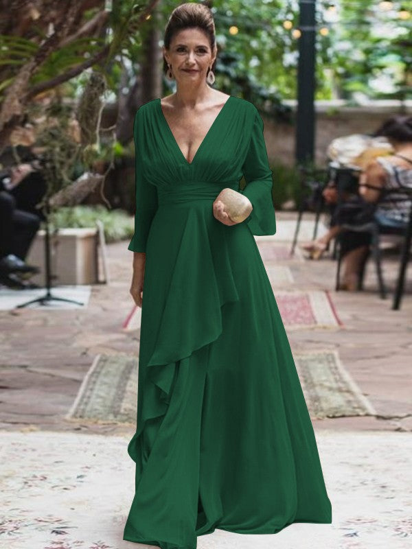 A-Line/Princess Chiffon Ruffles V-neck Long Sleeves Floor-Length Mother of the Bride Dress