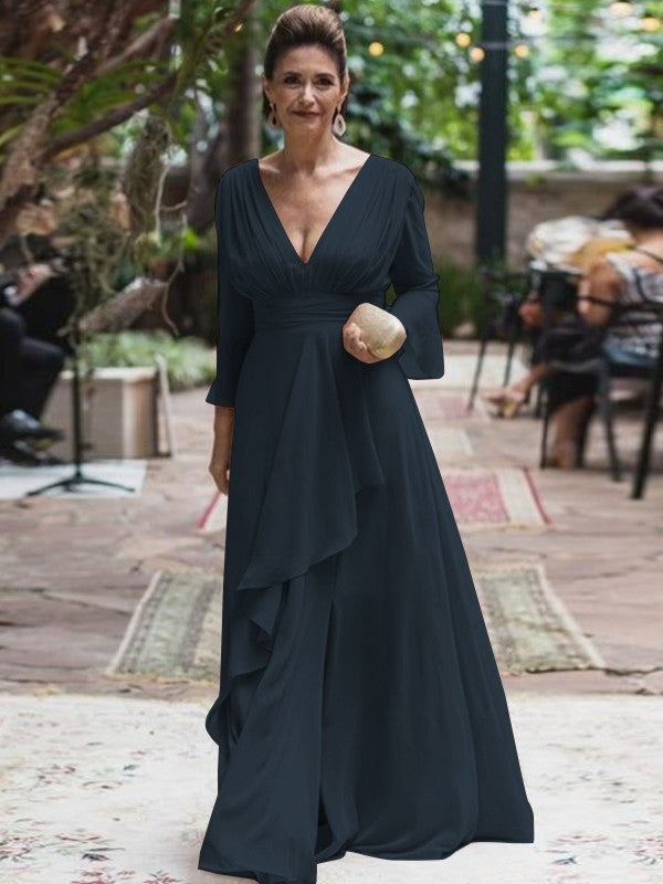 A-Line/Princess Chiffon Ruffles V-neck Long Sleeves Floor-Length Mother of the Bride Dress