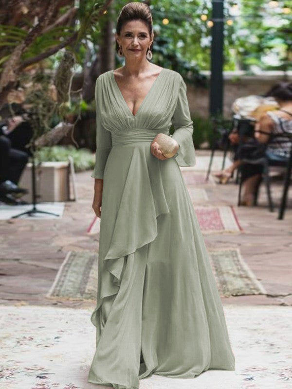 A-Line/Princess Chiffon Ruffles V-neck Long Sleeves Floor-Length Mother of the Bride Dress