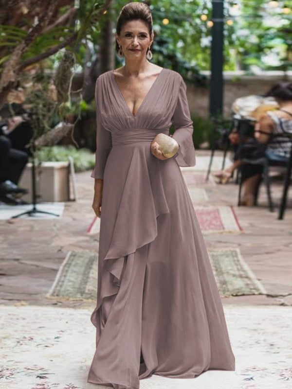 A-Line/Princess Chiffon Ruffles V-neck Long Sleeves Floor-Length Mother of the Bride Dress