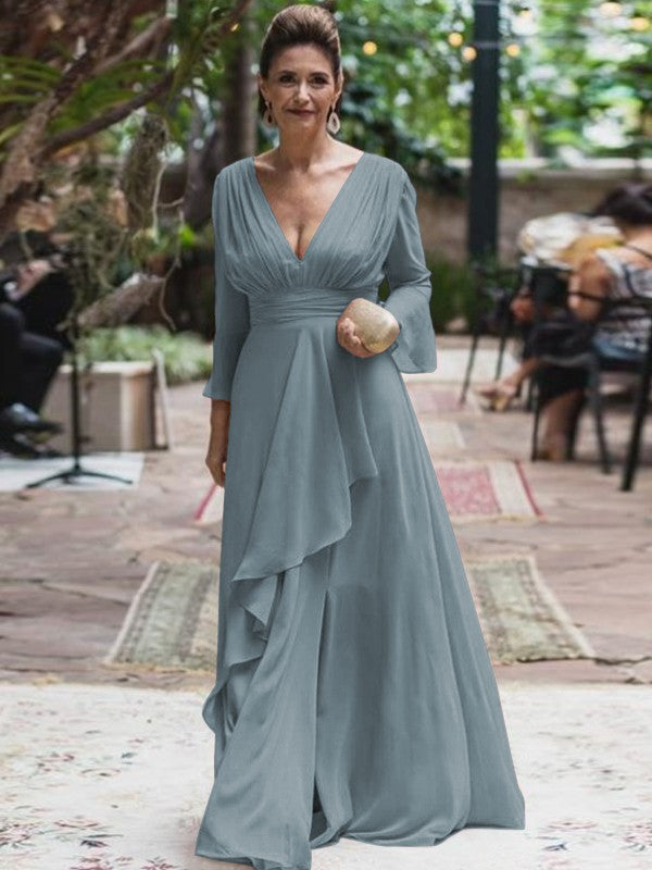 A-Line/Princess Chiffon Ruffles V-neck Long Sleeves Floor-Length Mother of the Bride Dress
