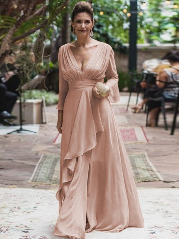 A-Line/Princess Chiffon Ruffles V-neck Long Sleeves Floor-Length Mother of the Bride Dress