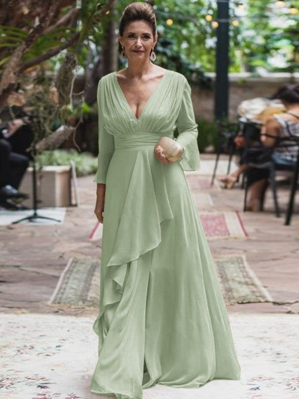 A-Line/Princess Chiffon Ruffles V-neck Long Sleeves Floor-Length Mother of the Bride Dress