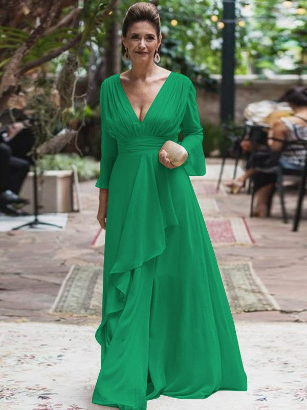 A-Line/Princess Chiffon Ruffles V-neck Long Sleeves Floor-Length Mother of the Bride Dress