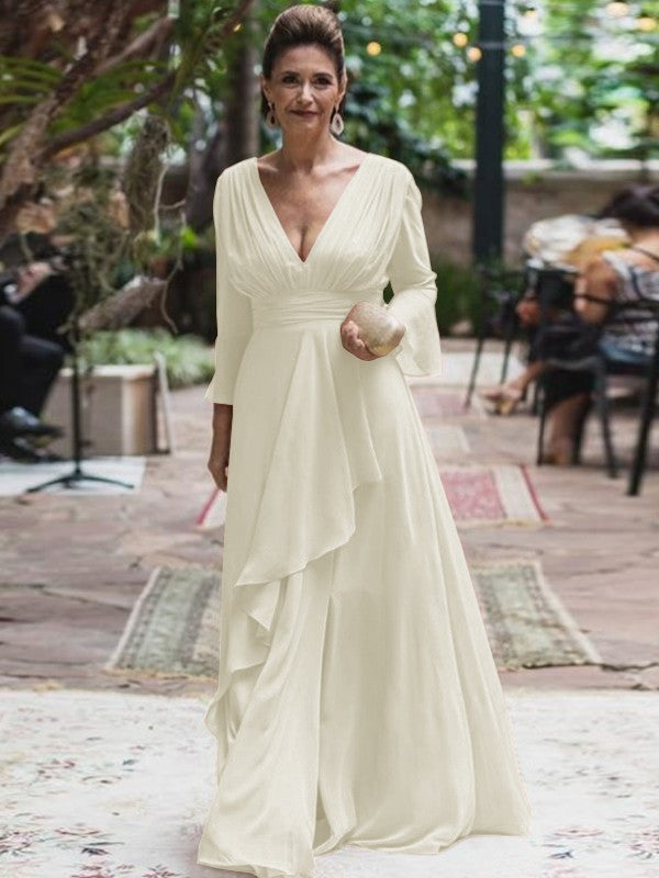 A-Line/Princess Chiffon Ruffles V-neck Long Sleeves Floor-Length Mother of the Bride Dress