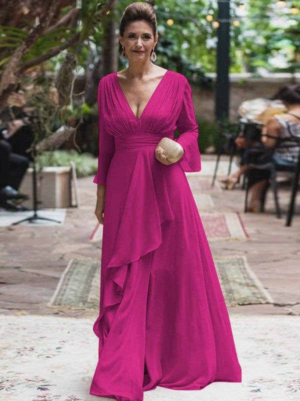 A-Line/Princess Chiffon Ruffles V-neck Long Sleeves Floor-Length Mother of the Bride Dress