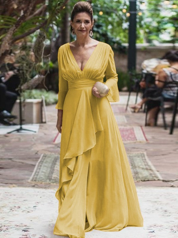 A-Line/Princess Chiffon Ruffles V-neck Long Sleeves Floor-Length Mother of the Bride Dress