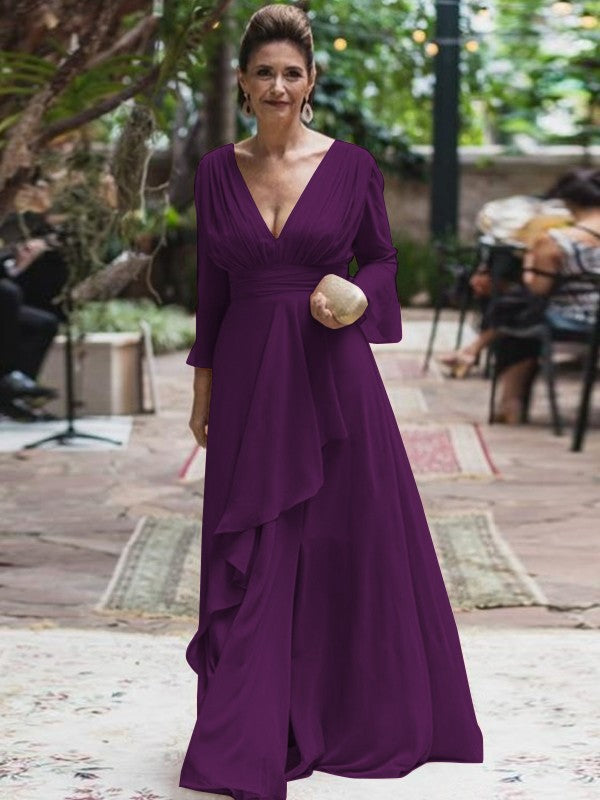 A-Line/Princess Chiffon Ruffles V-neck Long Sleeves Floor-Length Mother of the Bride Dress