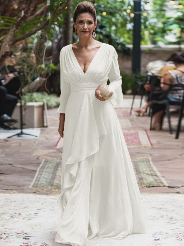 A-Line/Princess Chiffon Ruffles V-neck Long Sleeves Floor-Length Mother of the Bride Dress