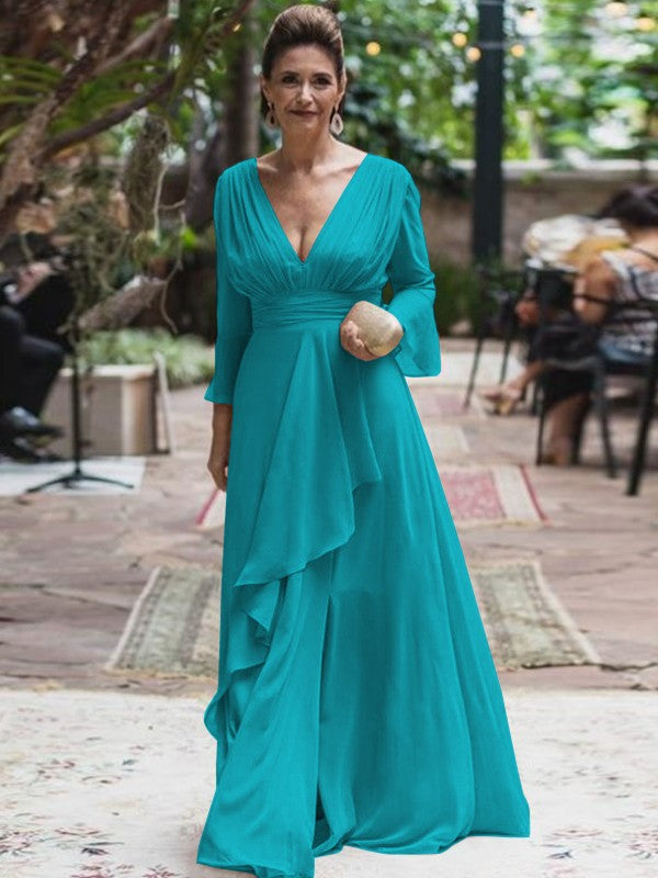 A-Line/Princess Chiffon Ruffles V-neck Long Sleeves Floor-Length Mother of the Bride Dress