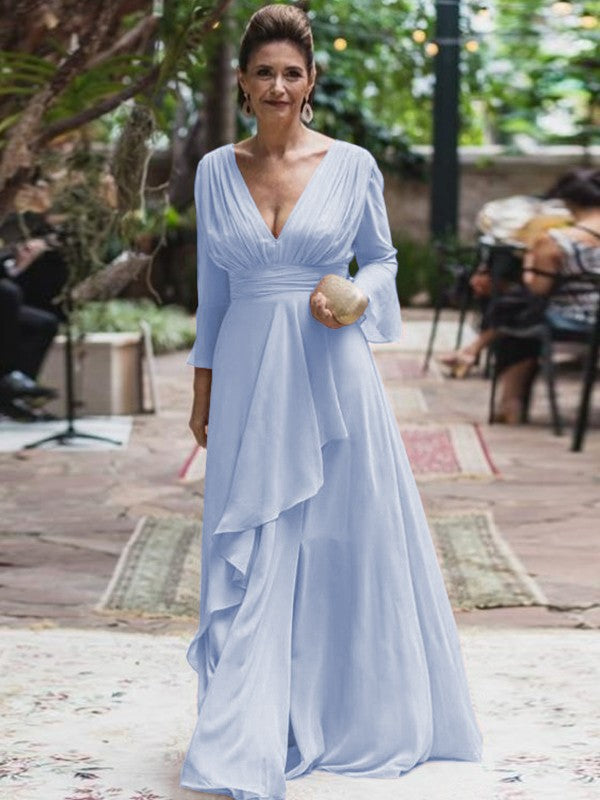 A-Line/Princess Chiffon Ruffles V-neck Long Sleeves Floor-Length Mother of the Bride Dress