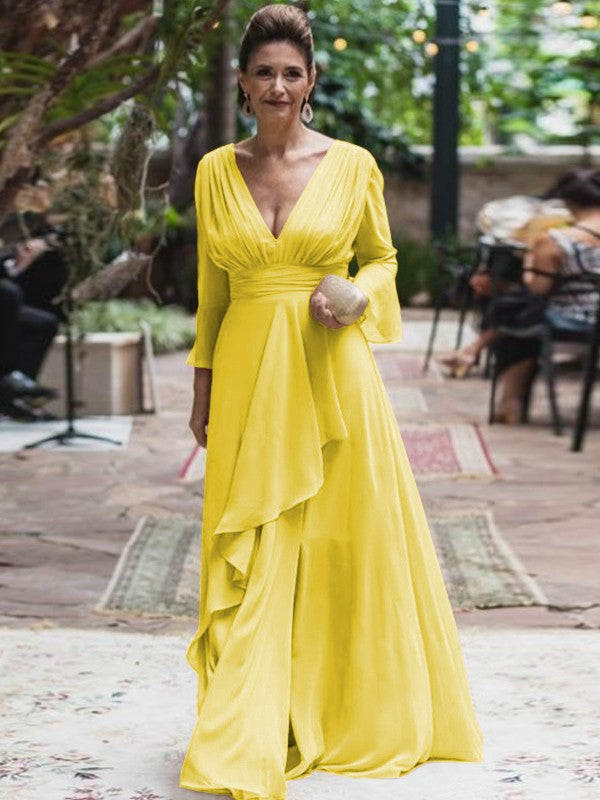 A-Line/Princess Chiffon Ruffles V-neck Long Sleeves Floor-Length Mother of the Bride Dress