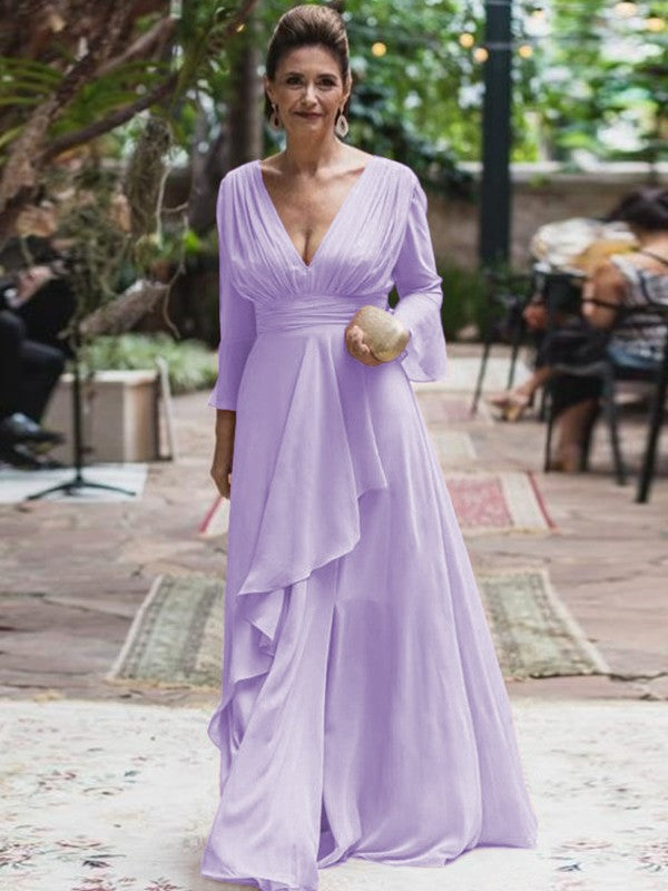 A-Line/Princess Chiffon Ruffles V-neck Long Sleeves Floor-Length Mother of the Bride Dress