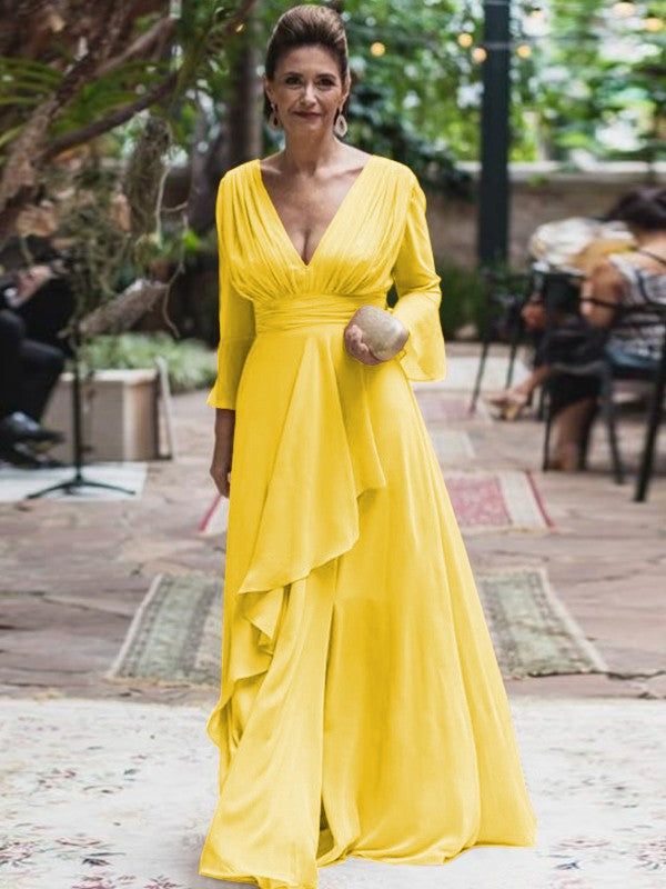 A-Line/Princess Chiffon Ruffles V-neck Long Sleeves Floor-Length Mother of the Bride Dress