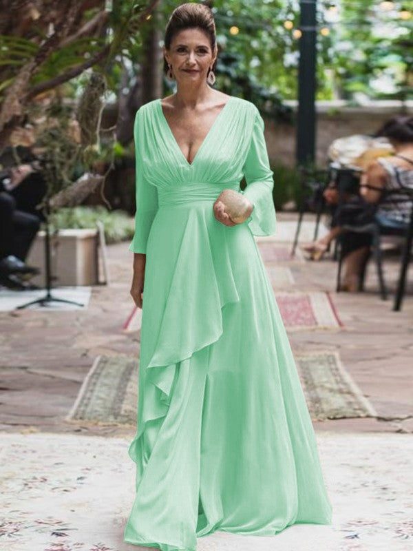 A-Line/Princess Chiffon Ruffles V-neck Long Sleeves Floor-Length Mother of the Bride Dress