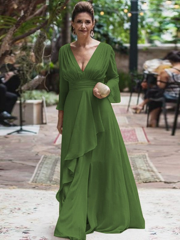 A-Line/Princess Chiffon Ruffles V-neck Long Sleeves Floor-Length Mother of the Bride Dress