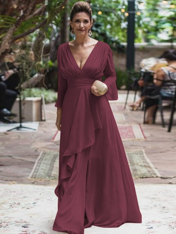 A-Line/Princess Chiffon Ruffles V-neck Long Sleeves Floor-Length Mother of the Bride Dress