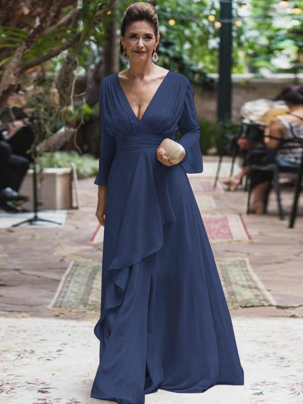 A-Line/Princess Chiffon Ruffles V-neck Long Sleeves Floor-Length Mother of the Bride Dress