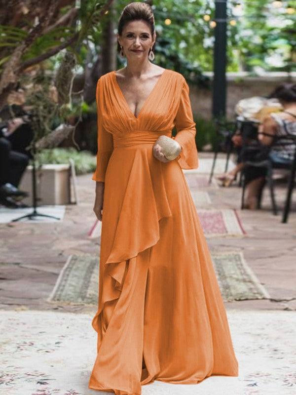 A-Line/Princess Chiffon Ruffles V-neck Long Sleeves Floor-Length Mother of the Bride Dress