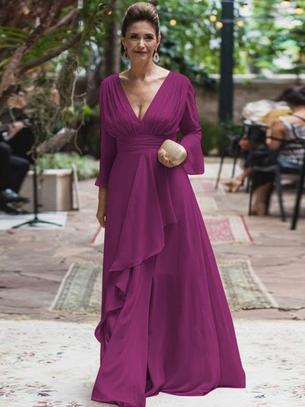 A-Line/Princess Chiffon Ruffles V-neck Long Sleeves Floor-Length Mother of the Bride Dress