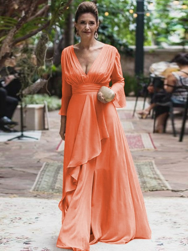 A-Line/Princess Chiffon Ruffles V-neck Long Sleeves Floor-Length Mother of the Bride Dress