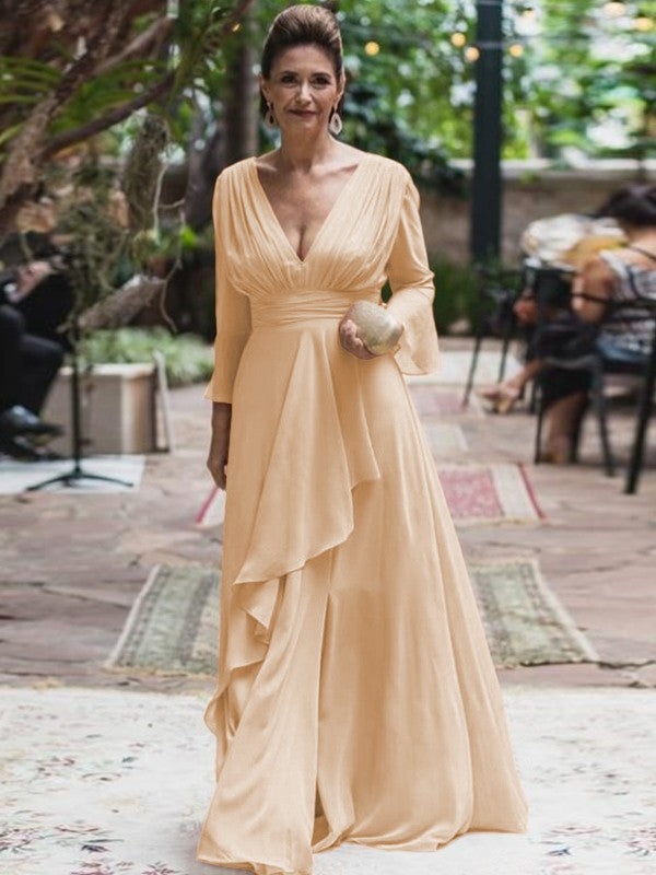 A-Line/Princess Chiffon Ruffles V-neck Long Sleeves Floor-Length Mother of the Bride Dress