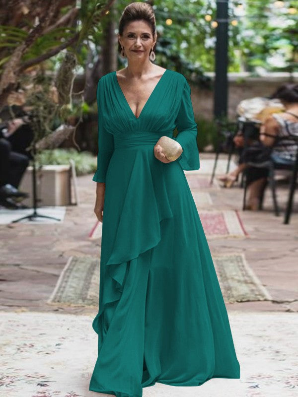 A-Line/Princess Chiffon Ruffles V-neck Long Sleeves Floor-Length Mother of the Bride Dress
