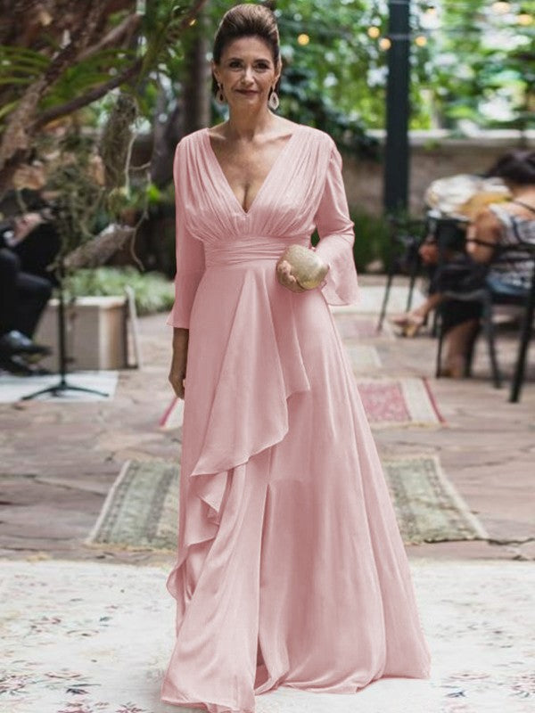 A-Line/Princess Chiffon Ruffles V-neck Long Sleeves Floor-Length Mother of the Bride Dress