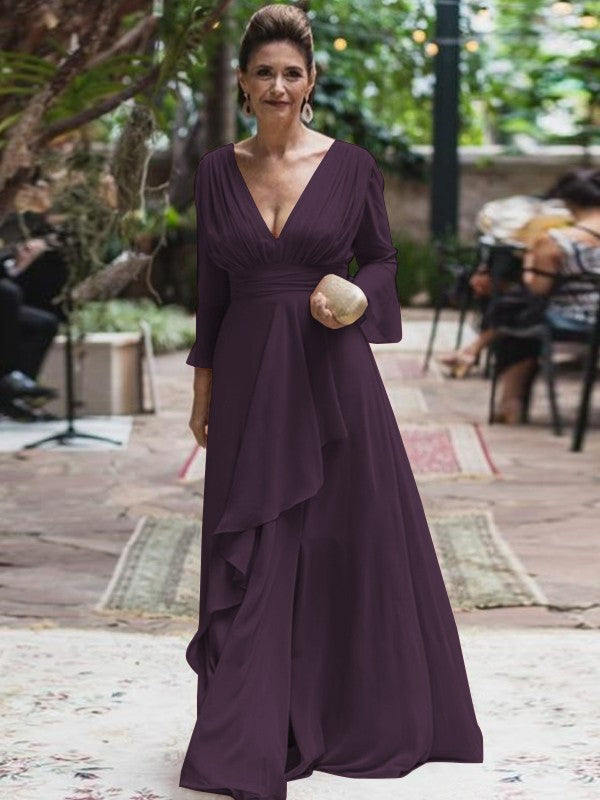 A-Line/Princess Chiffon Ruffles V-neck Long Sleeves Floor-Length Mother of the Bride Dress