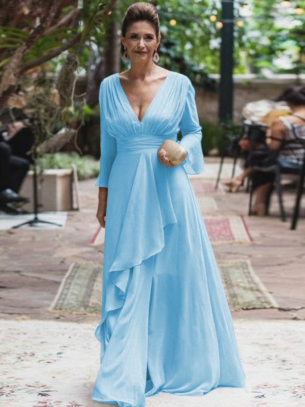 A-Line/Princess Chiffon Ruffles V-neck Long Sleeves Floor-Length Mother of the Bride Dress